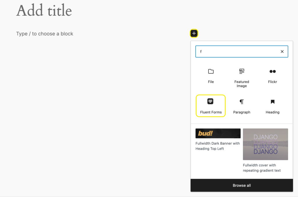 select fluent forms from add block