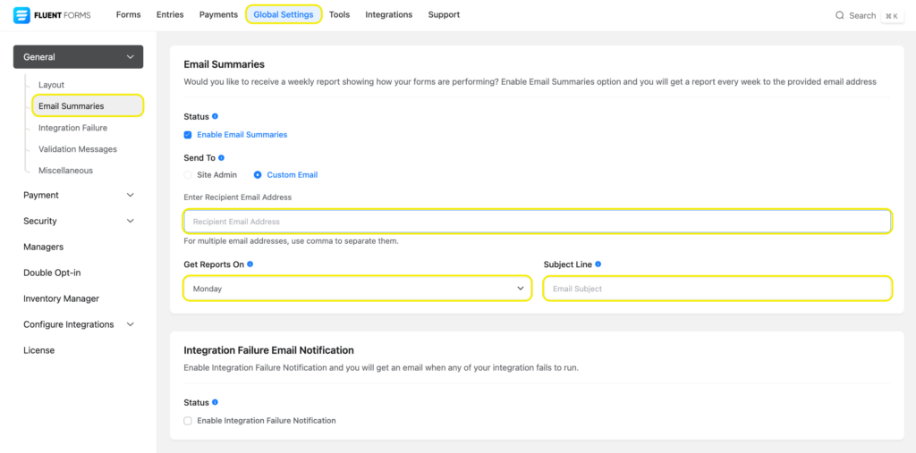 send email summaries from WP form plugins