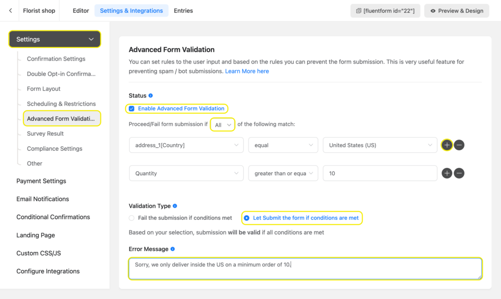 set up conditions for advanced form validation