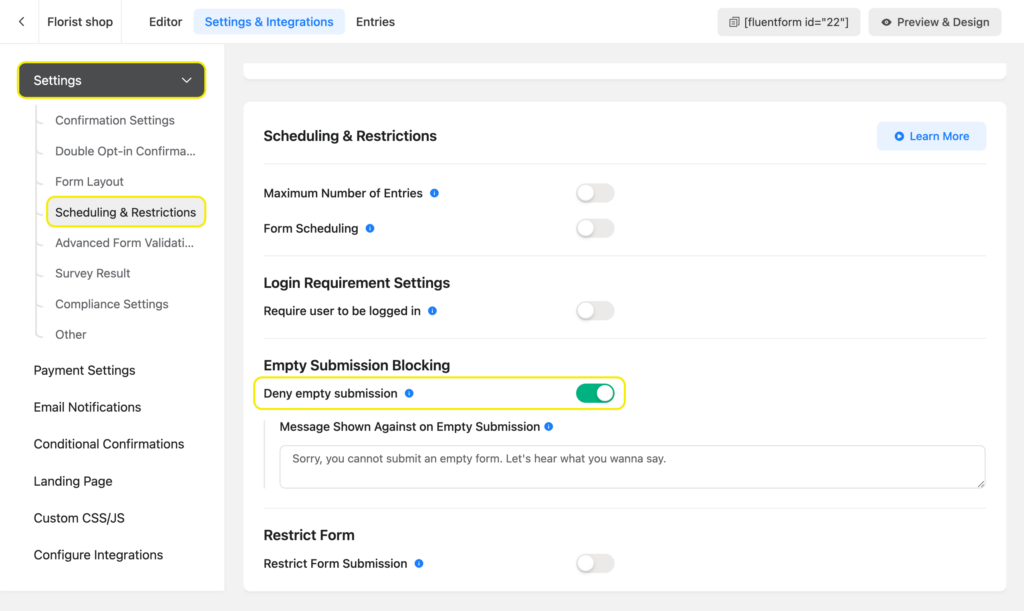 settings for restricting blank form submission