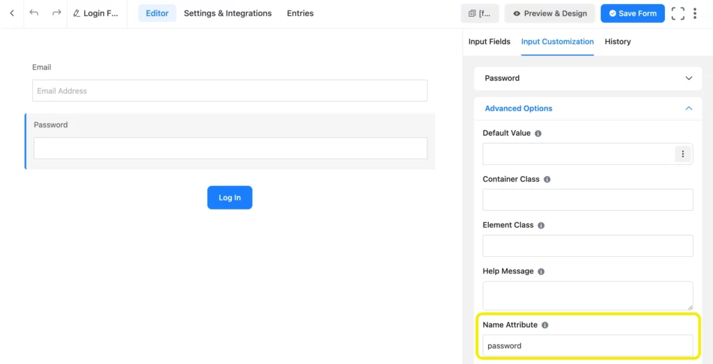WordPress form Name Attribute- password