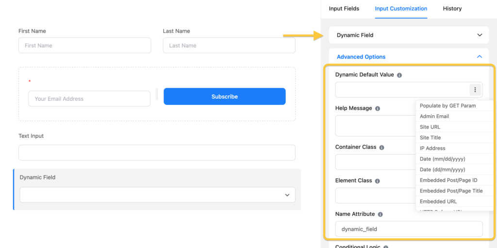 Dynamic Default Values - Fluent Forms fastest forms builder for WordPress