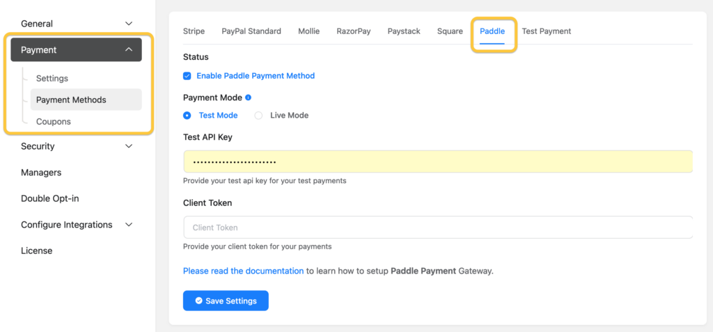 Paddle payment setting - Fluent Forms Dashboard - Fluent Forms fastest forms builder for WordPress