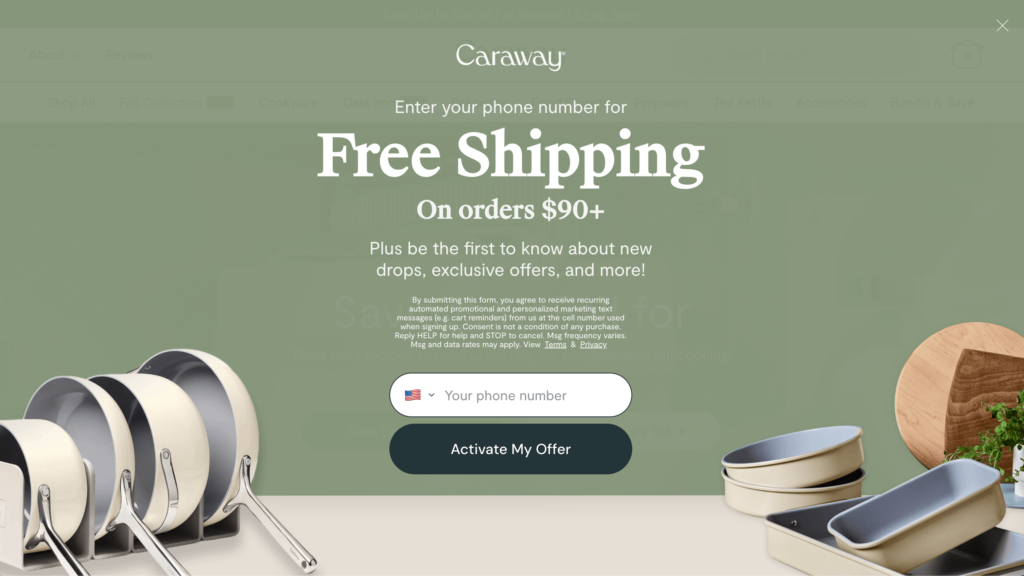 Example of B2c lead generation from Caraway with PopUp