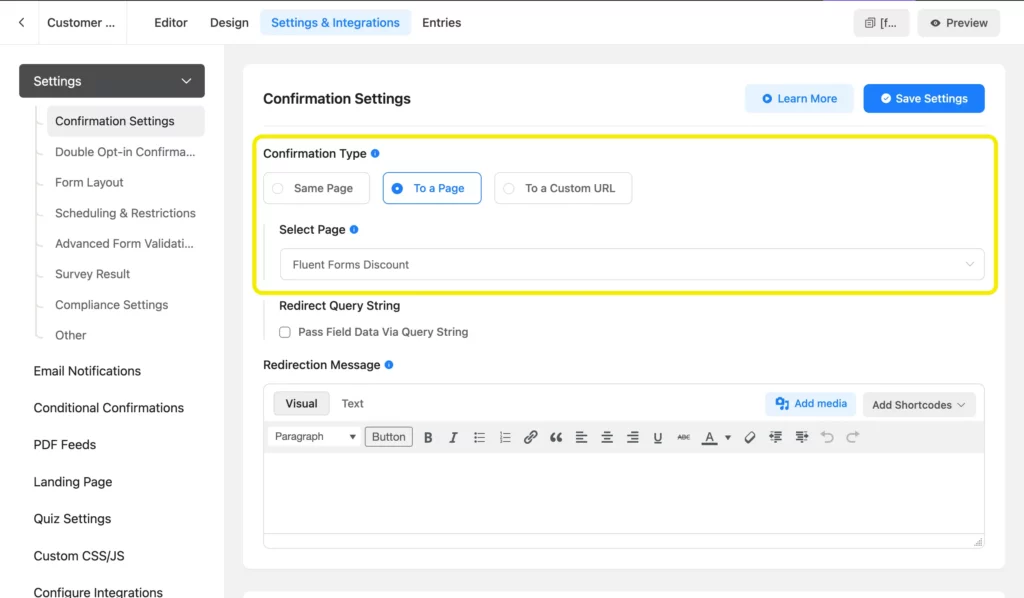 Changing form confirmation type in Fluent Forms