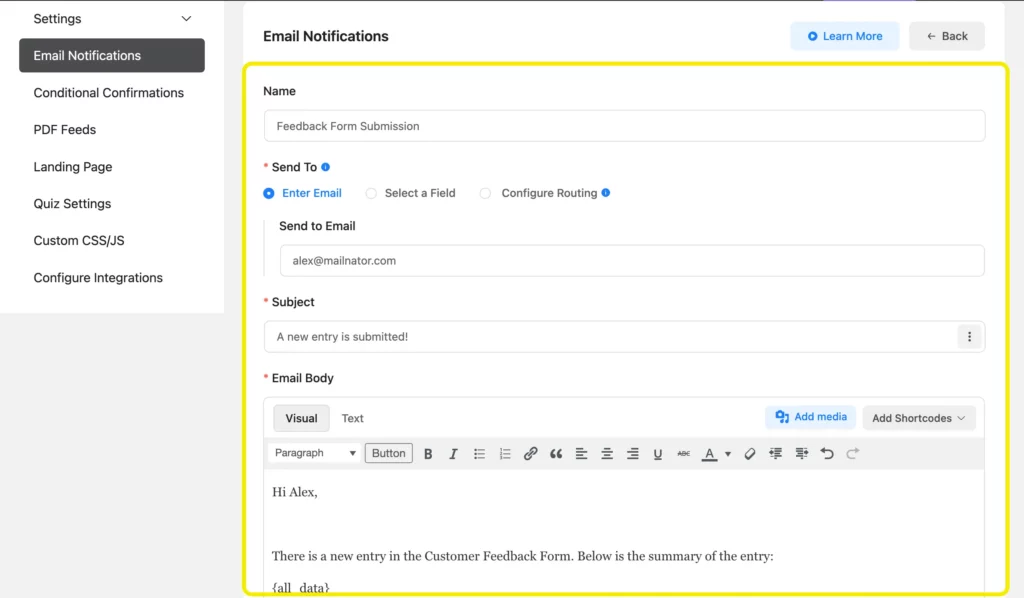 Adding email notification in Fluent Forms