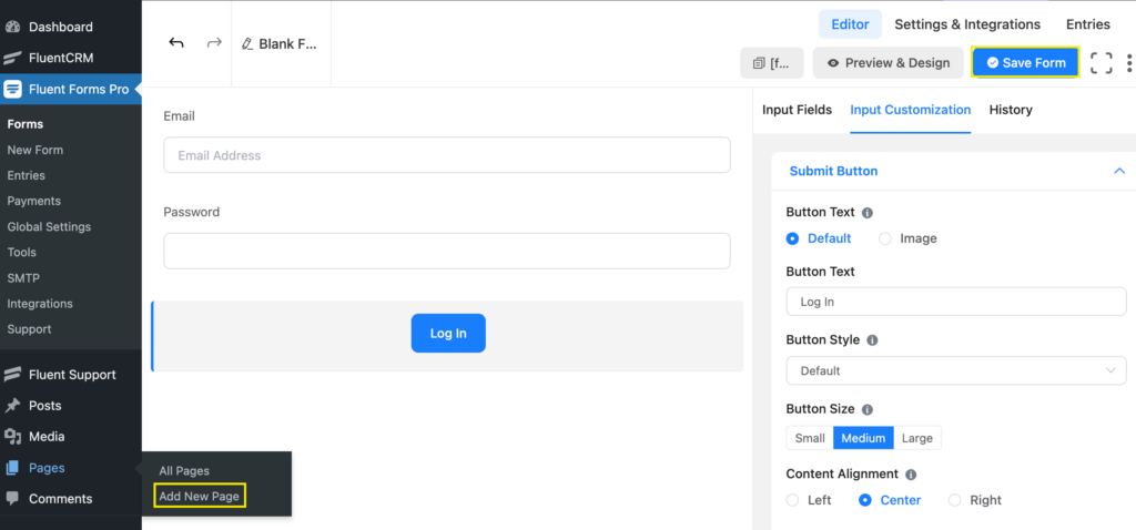 Email field and Password field