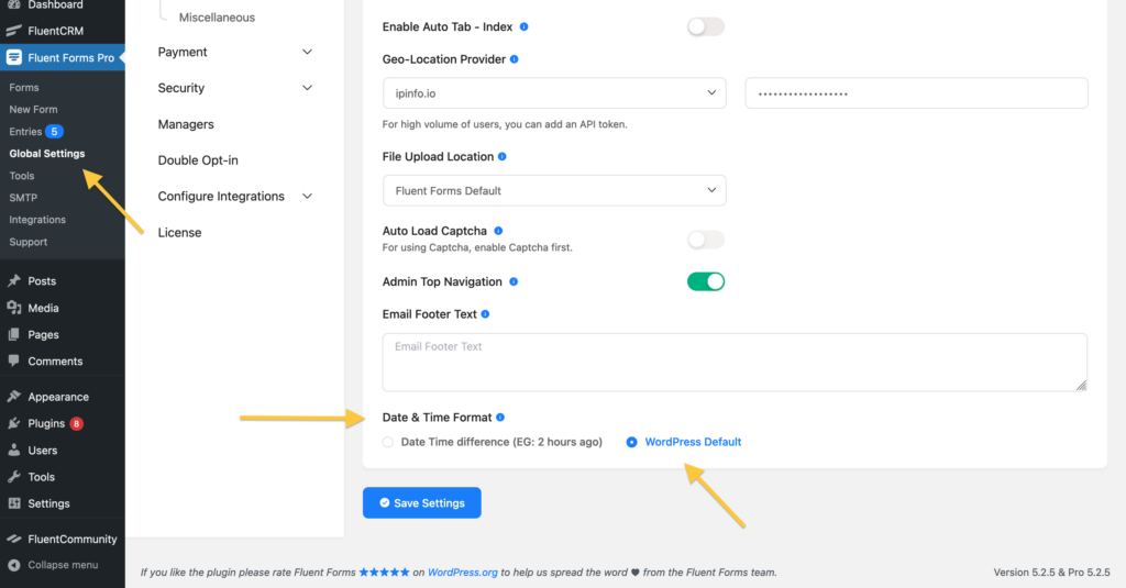 Global option to choose date time format for entries view