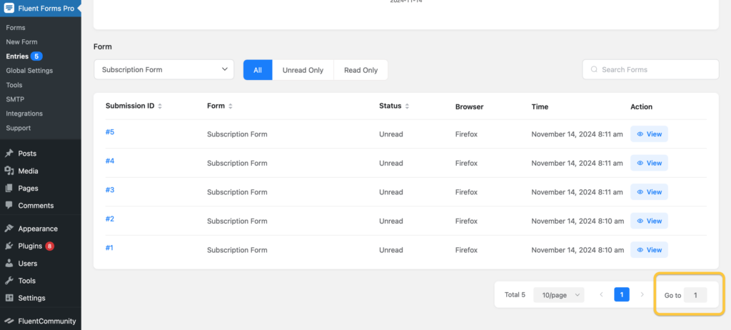 Fluent Forms Improved entries pagination