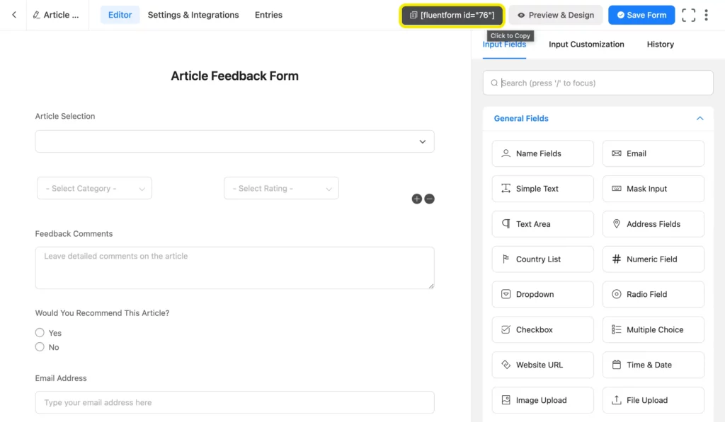 Shortcode in Fluent Forms