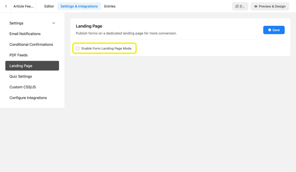 Publishing the form using the landing page in Fluent Forms