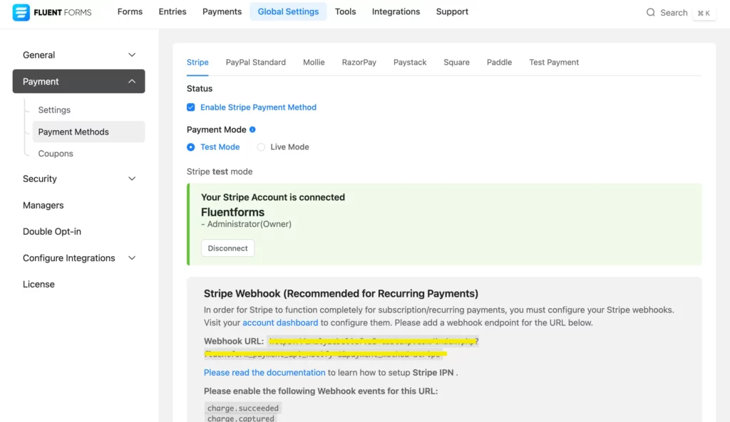 Connecting the Stripe account to Fluent Forms