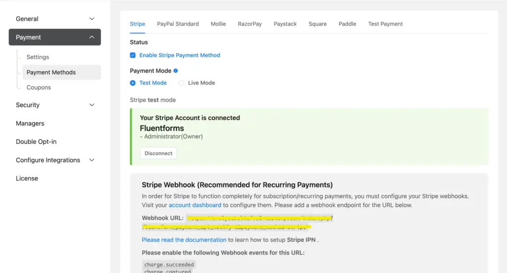 Stripe account connected with Fluent Forms