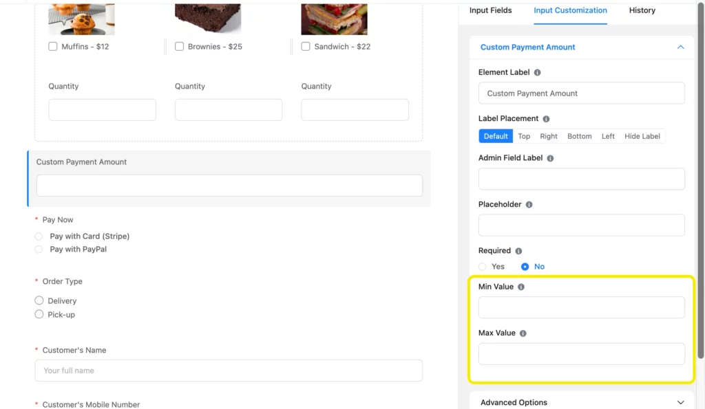 Defining the valid range of Custom Payment Amount