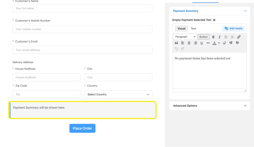 Adding Payment Summary field to the form