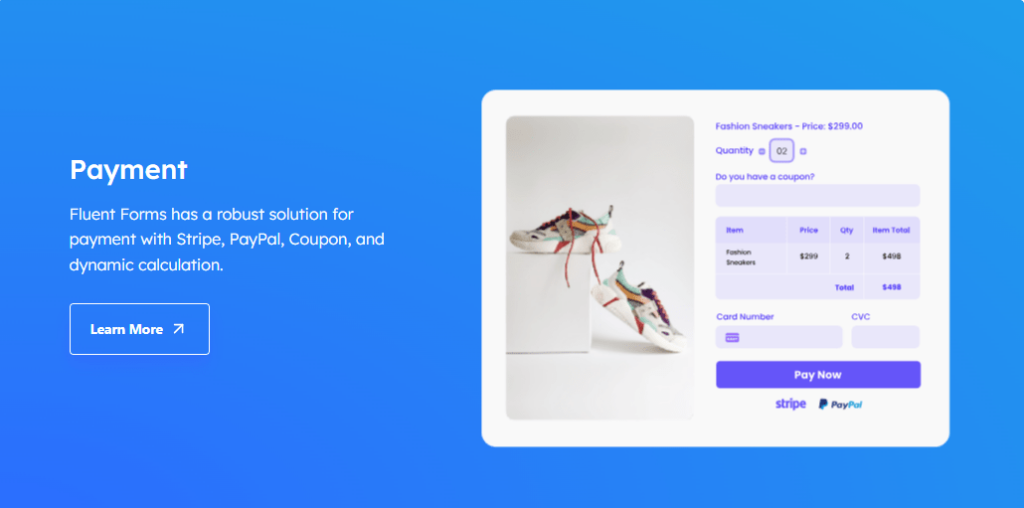 eCommerce multiple payment option example from Fluent Forms payment feature.