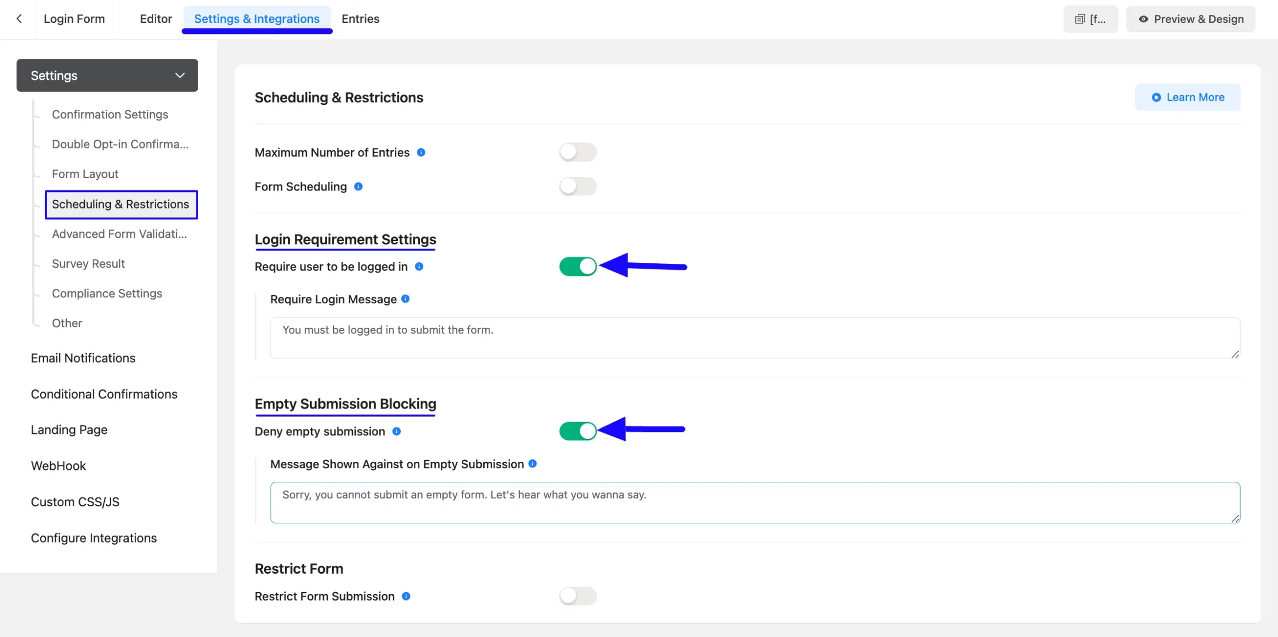 5. Settings and Integration tab in a form scaled 46128