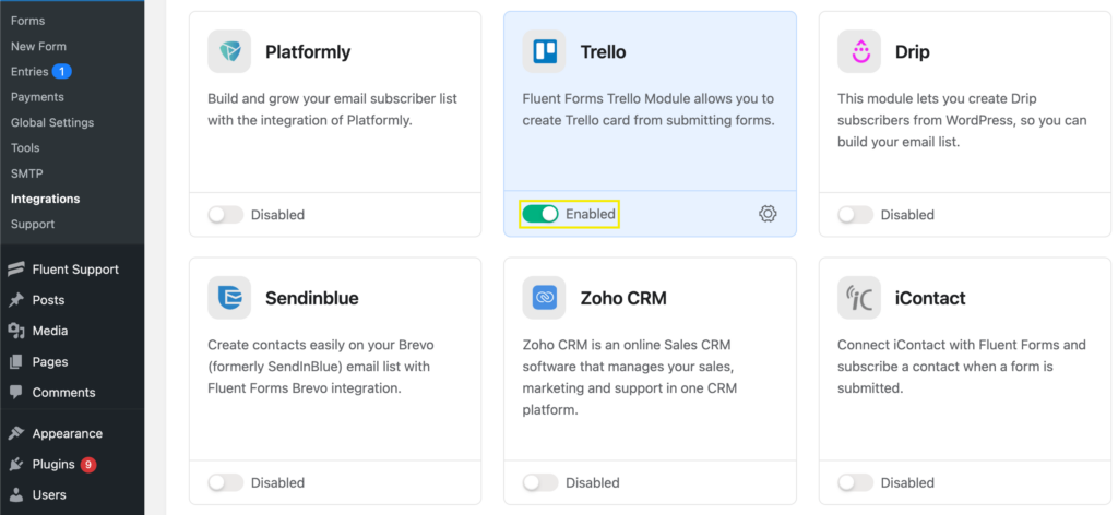 Trello integration module in Fluent Forms 