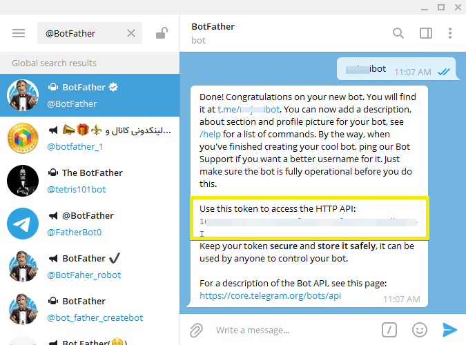 Once you create a bot, BotFather will give you a Bot Token