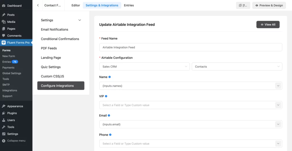 Configuring Airtable integration feed