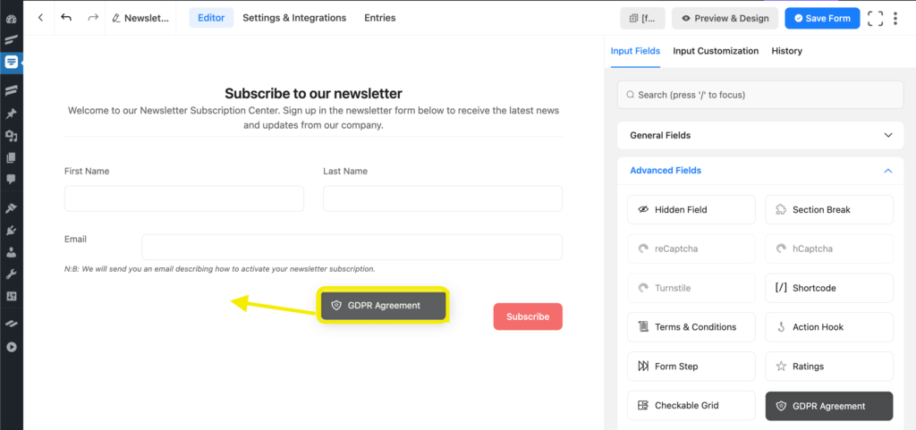 Nesletter subscription form