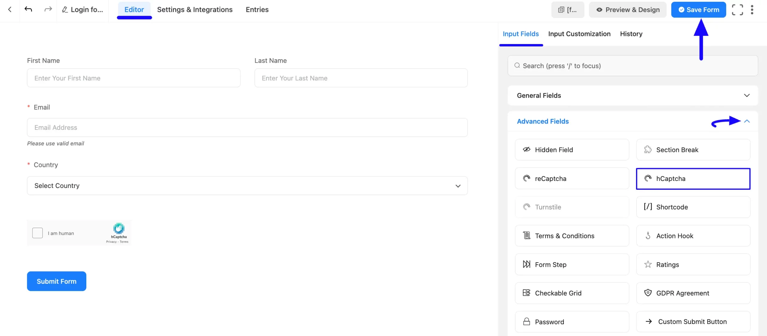 13. Added hCAPTCHA input field Save Form button scaled 47298