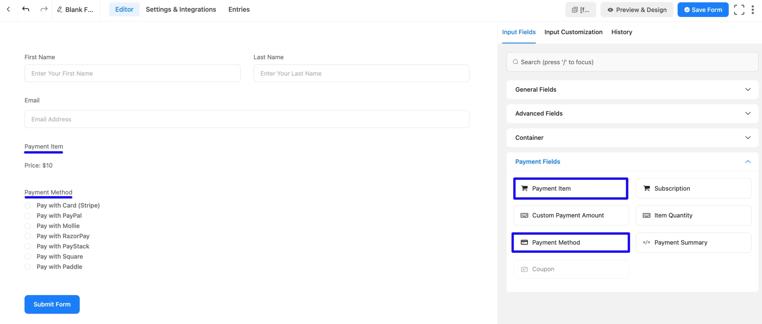 4. Payment Item and Payment Method fields scaled 48171