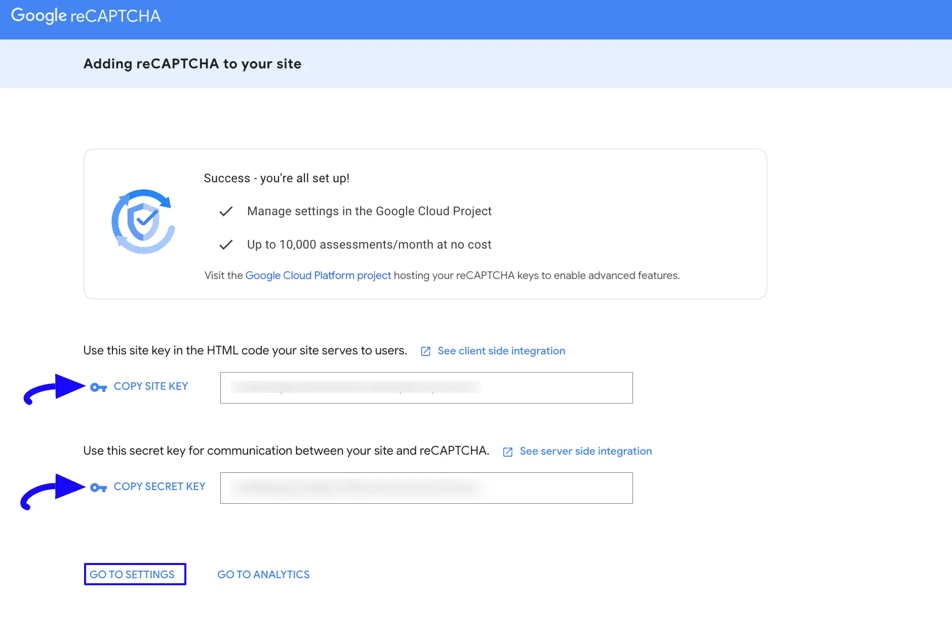 4. copy site and secret key 47287
