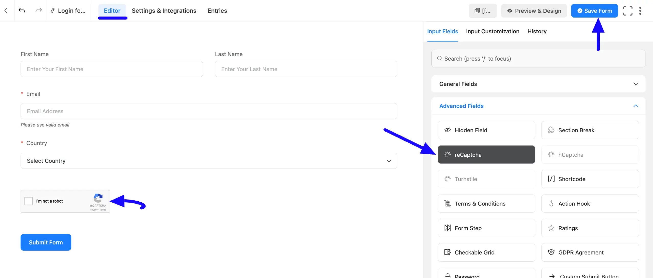 7. reCAptcha input field Save Form button scaled 47287