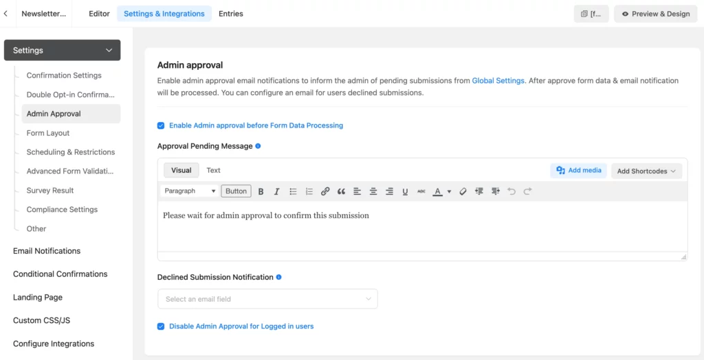 Admin Approval in form settings