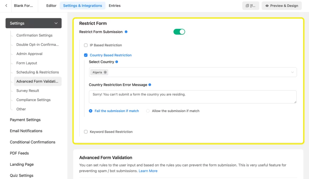 Form restriction in Fluent Forms