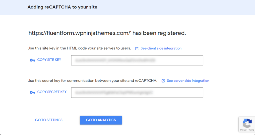 Getting the API keys of reCAPTCHA