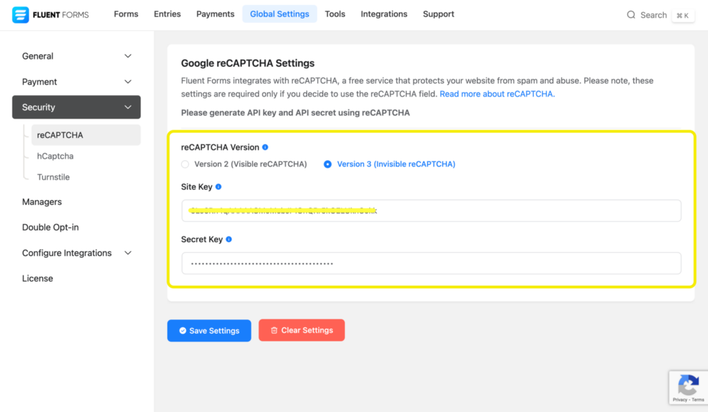 Pasting the API keys of reCAPTCHA v3