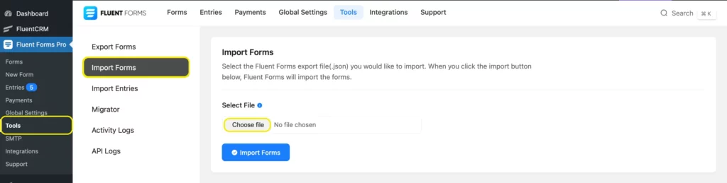 import forms from tools in Fluent Forms