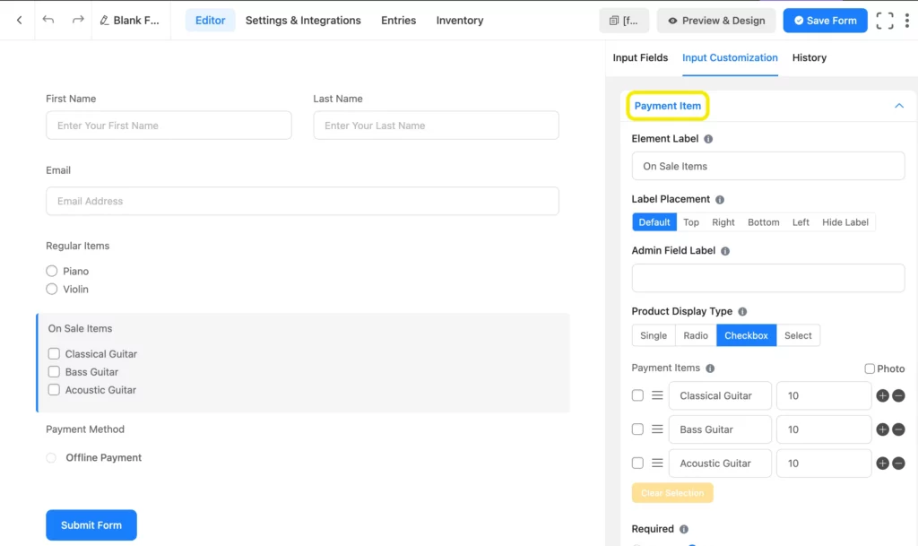 Payment item field