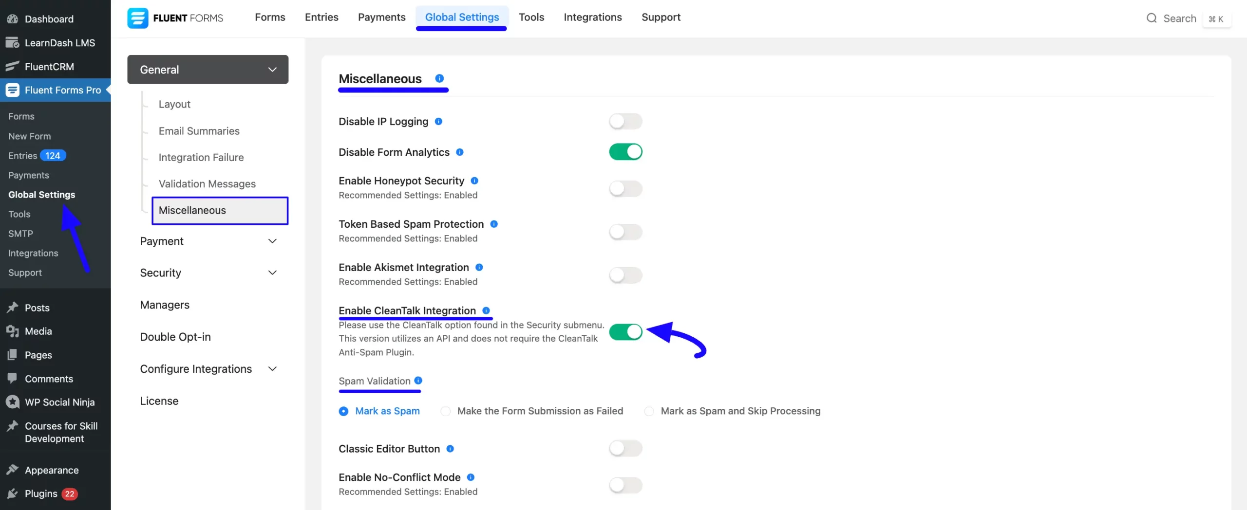 Enable CleanTalk Integration toggle from Miscellaneous option