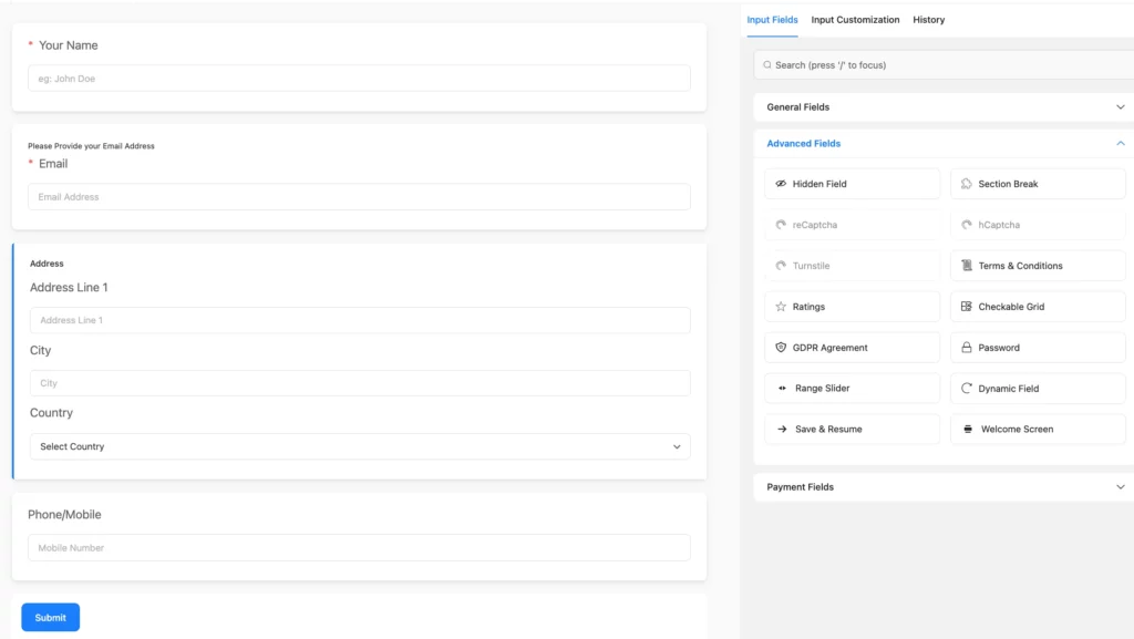 input fields, fluent forms, Typeform alternative