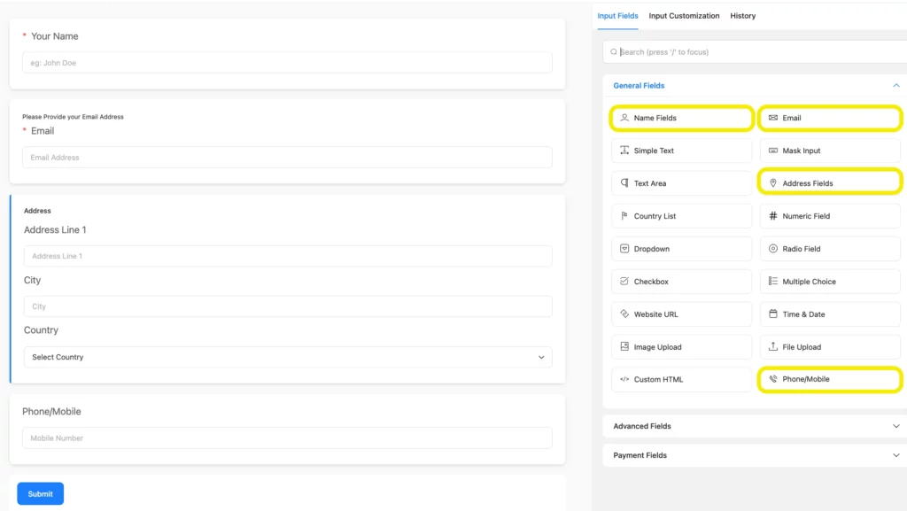 input fields, general field, fluent forms, Typeform alternative