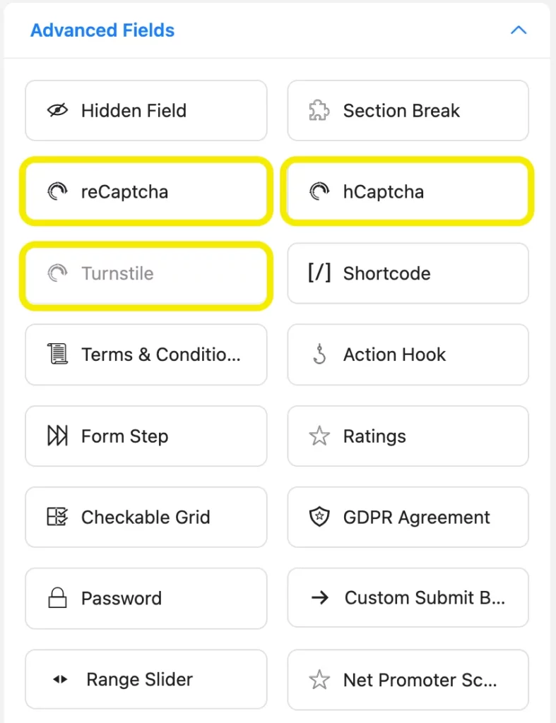 Fluent Forms reCaptcha, hCaptcha, Turnstile input fields