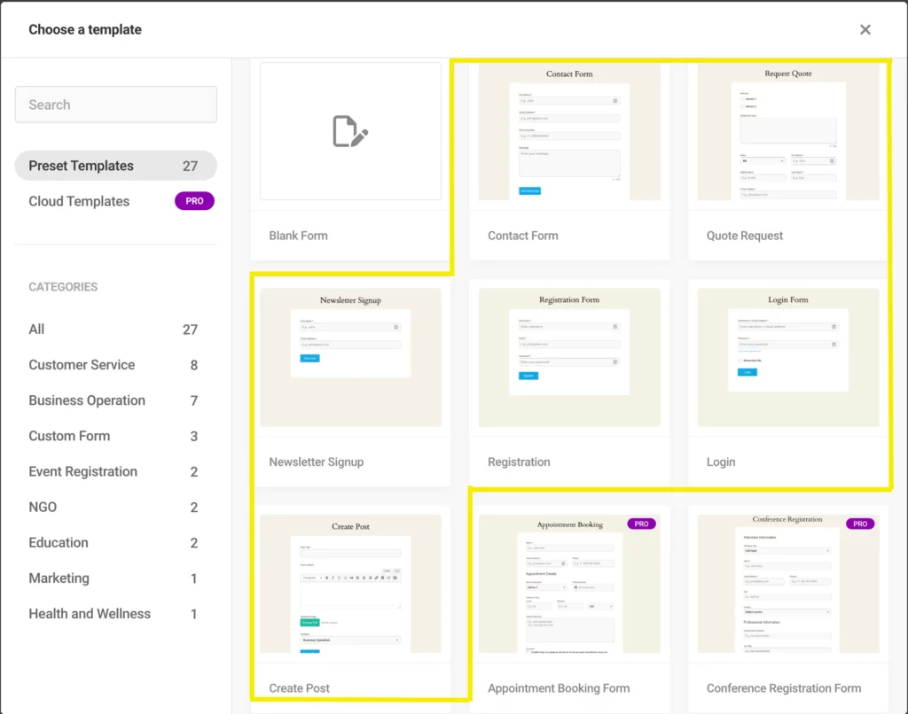 Forminator form templates