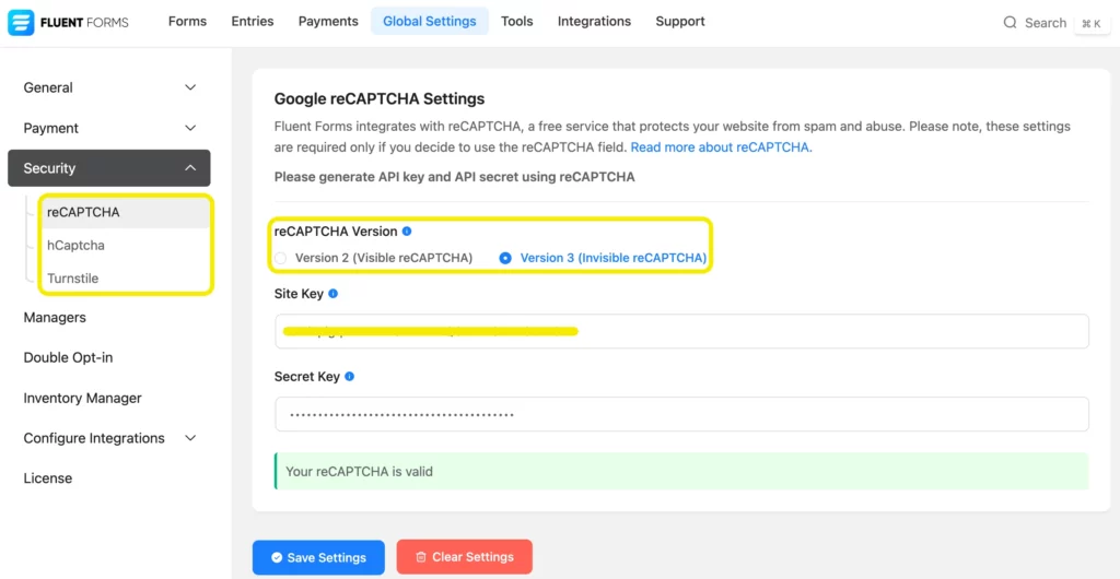 reCaptcha, hCaptcha, Turnstile settings in Fluent Forms