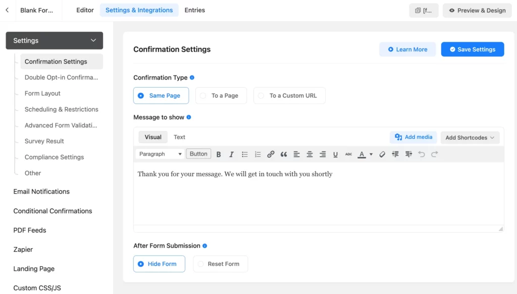 Confirmation Settings in Fuent Forms