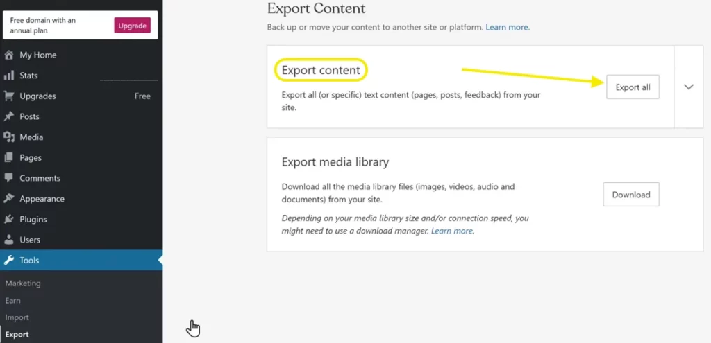 Export content- Dashboard for migrating WordPress.com Website to WordPress.org