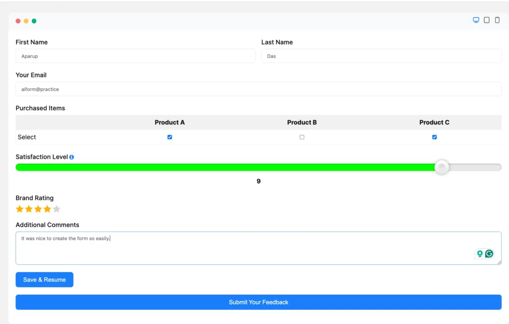 AI form example created using Fluent Forms