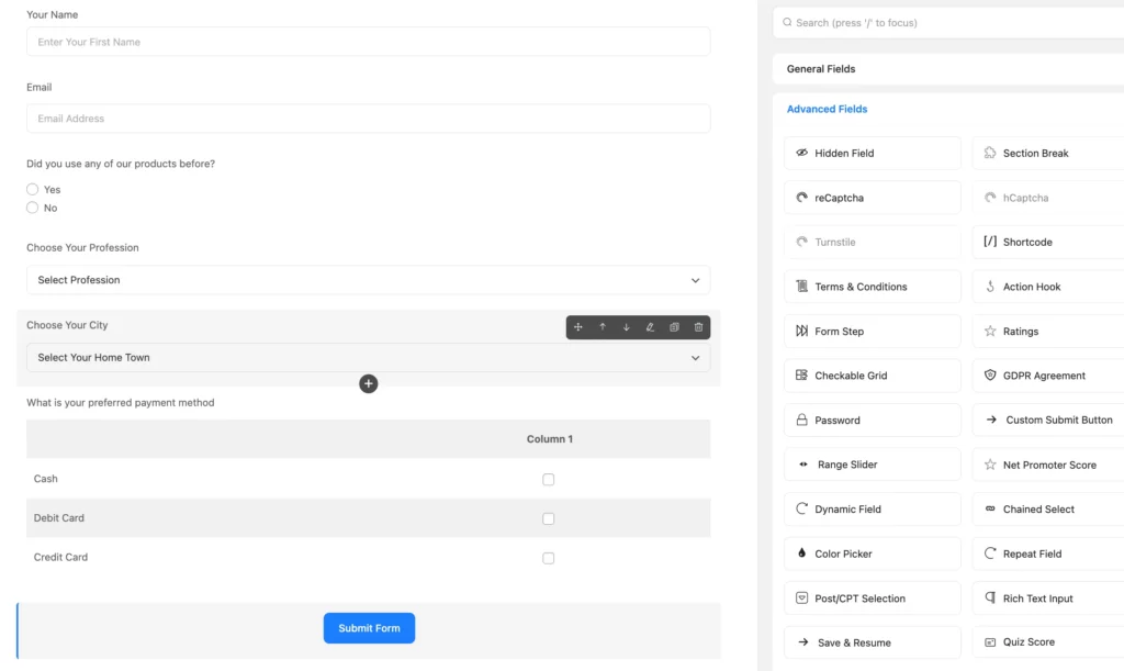 Form abandonment - Fluent Forms selection option fields example.