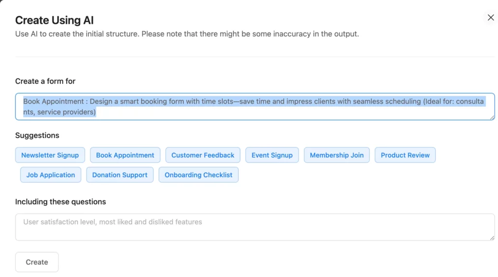Create AI forms using Fluent Forms suggestion prompts