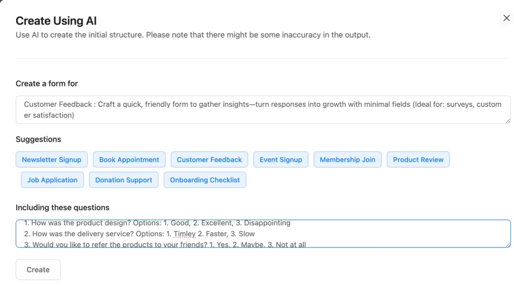 Generating AI form in WordPress using fluent forms, including questions.