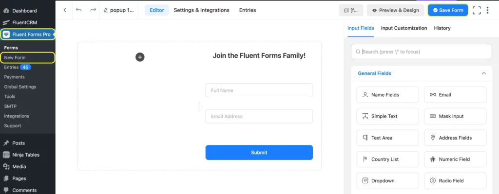 create a form with necessary fields & save form.