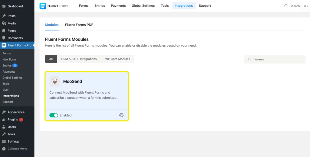 Fluent Forms integrations Moosend