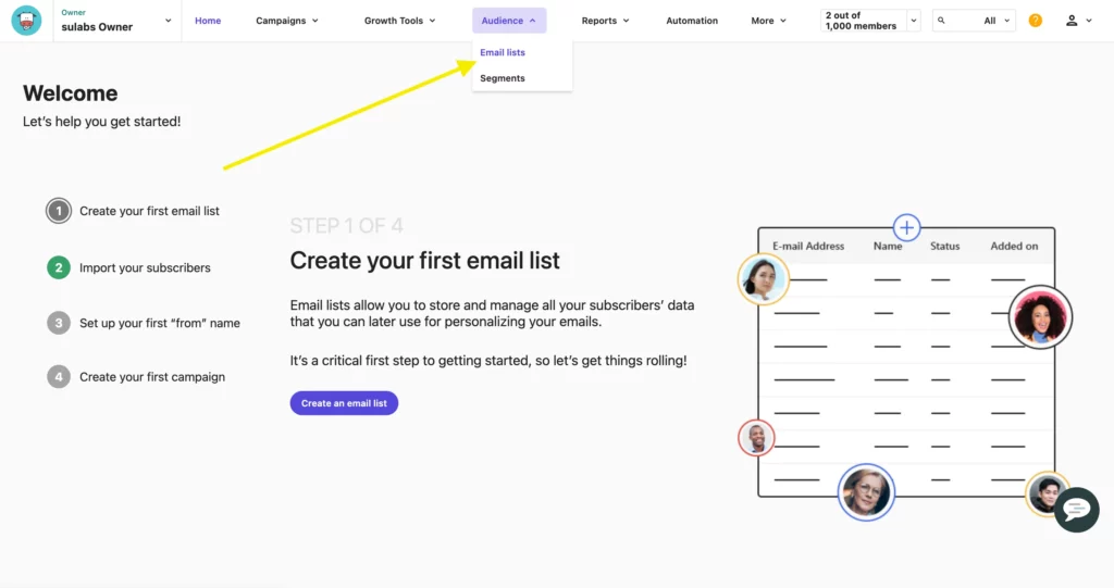 Moosend dashboard- Audience